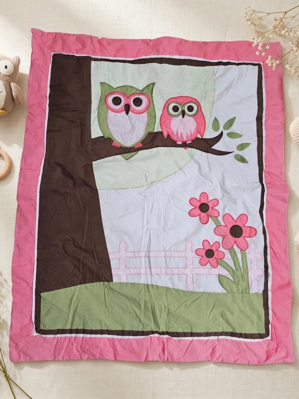 Unbranded Baby Girls Pink Green Owl Reversible Quilt Blanket Nursery Bedding
